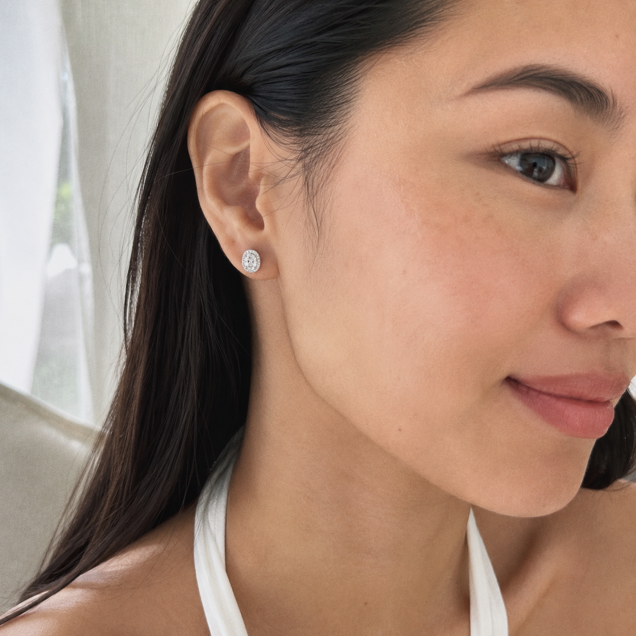 Billie Oval Diamond Stud Earrings with Jacket