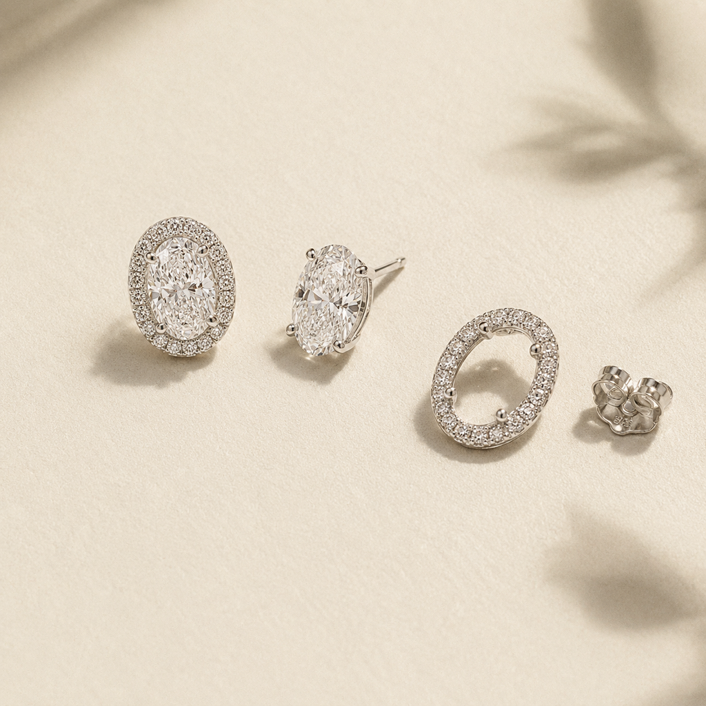 Billie Oval Diamond Stud Earrings with Jacket
