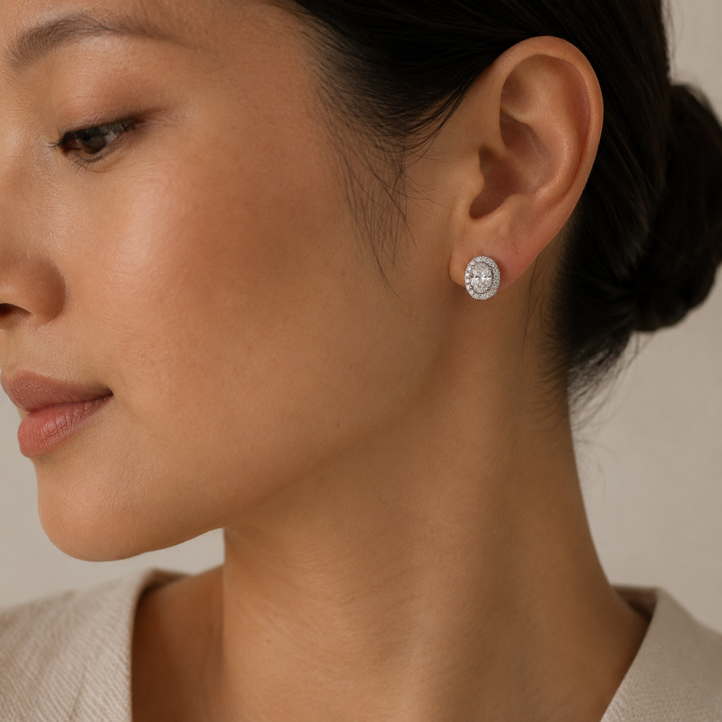 Billie Oval Diamond Stud Earrings with Jacket